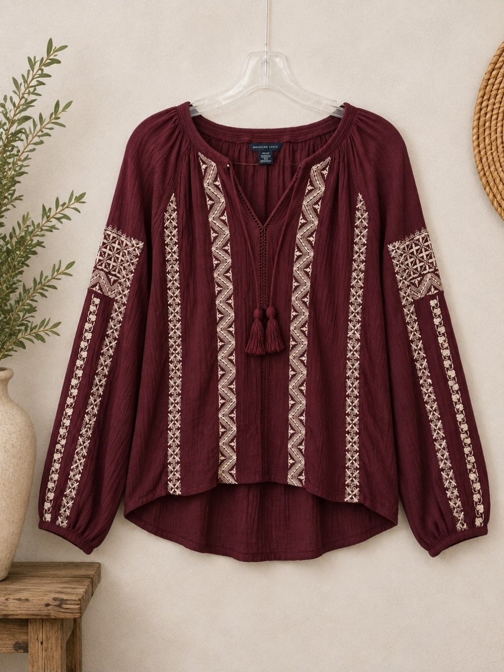 American Eagle Outfitters Burgundy Embroidered Tassel V-Neck Tunic - Picture 2 of 10